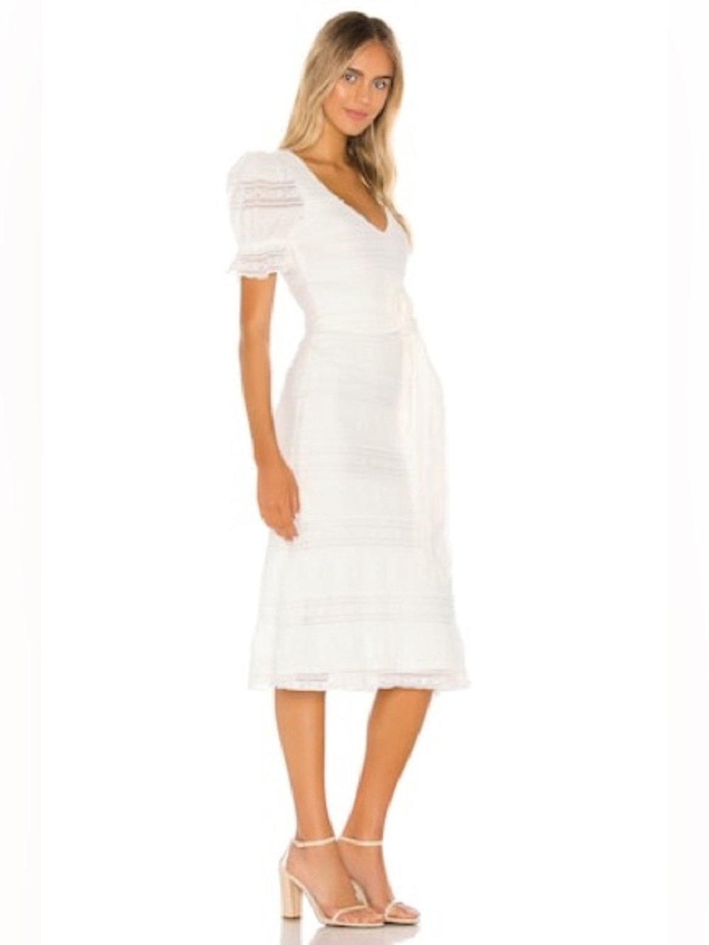 Tularosa Quinn Midi Dress Cream Boho Ruffle Puff Shoulder Belted Bridal Wedding - Picture 2 of 15